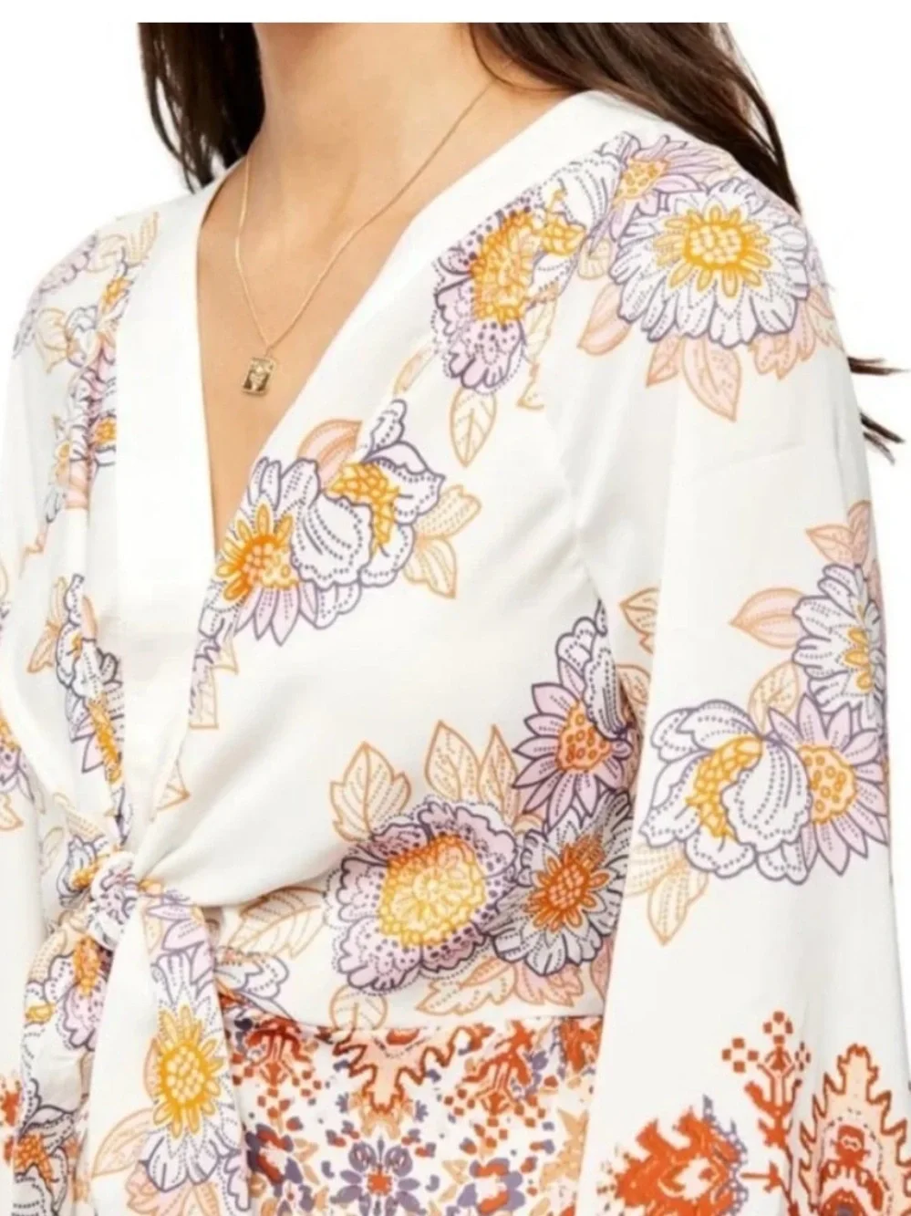 Free People Boho “Run Free” Floral Blouse - White with Orange & Lavender Size S